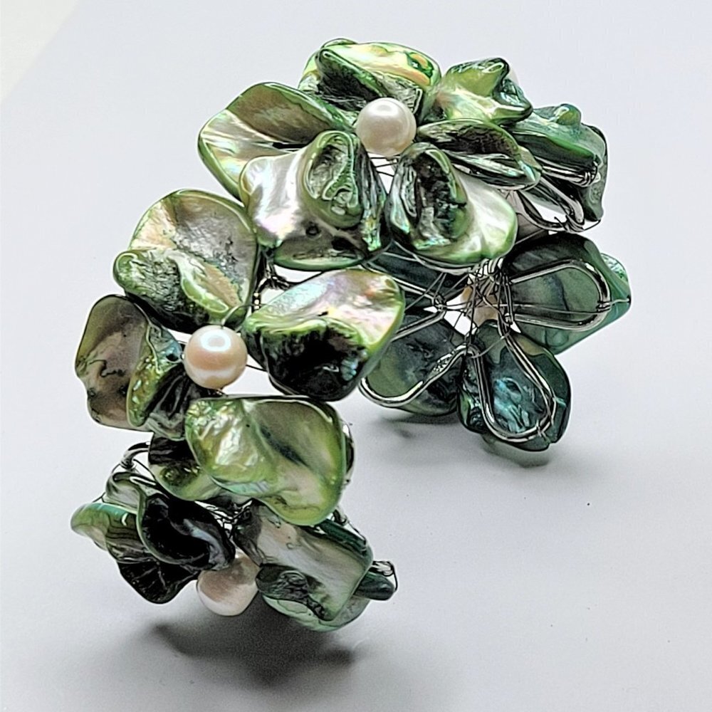 Green Pearl Adjustable Cuff Bangle Bracelet- NEW